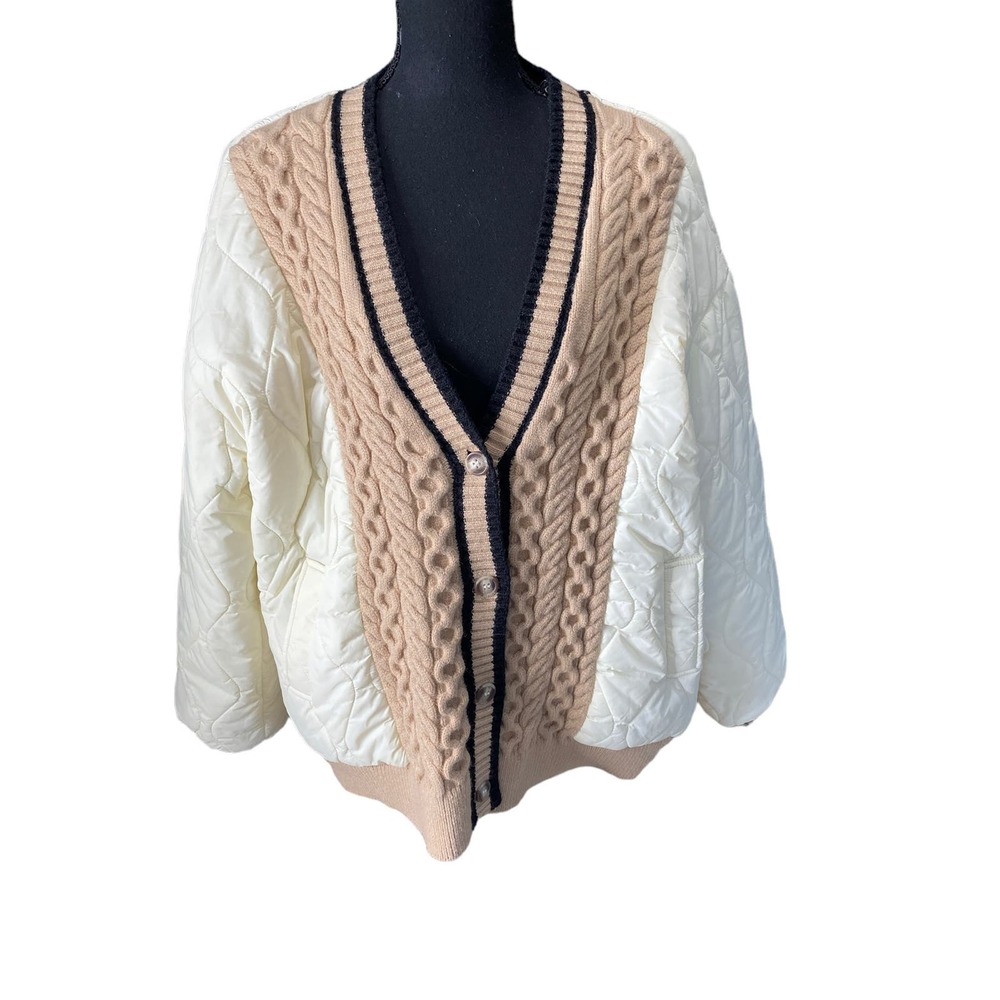 Polagram Women's Parka Jacket Ivory Long Sleeve V-neck Patchwork Preppy NWOT XL